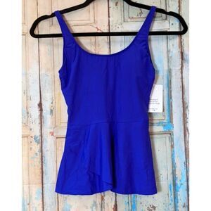 Athena Womens Size 8 Blue Adjustable Strap Ruffle Waist Swimsuit Tankini Top